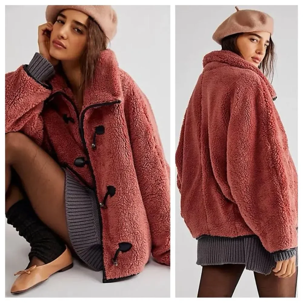Free People Junie Teddy Jacket contrast faux leather toggle trim Rose Pink L
